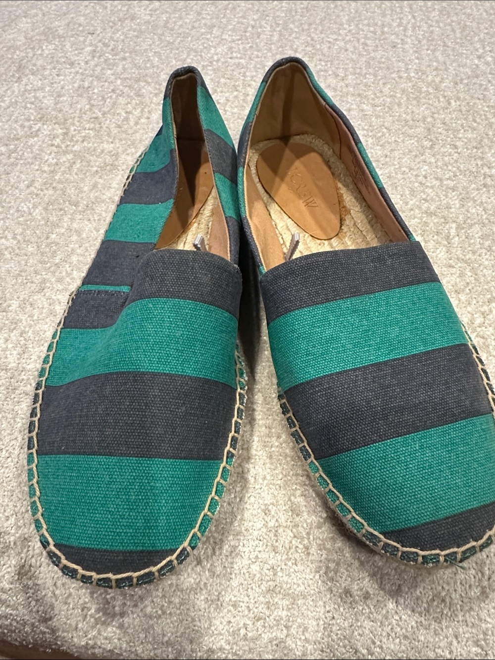 J. Crew Green and Navy Striped Espadrilles